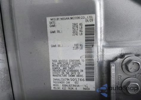 2009 Nissan Altima 2.5 S z USA, uszkodzony, nr VIN 1N4AL21E79N505766